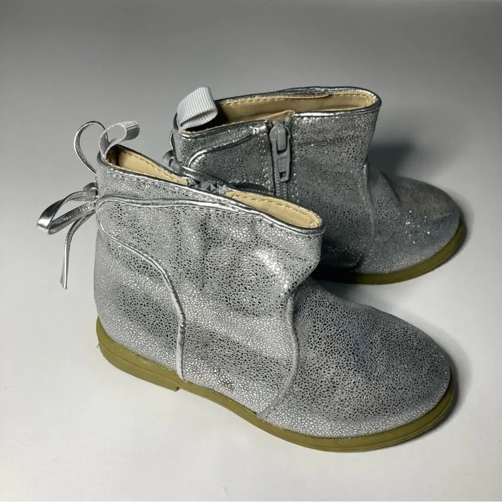 Gymboree Enchanted Winter Silver Glitter Bow Zip Up Ankle Boots Shoes